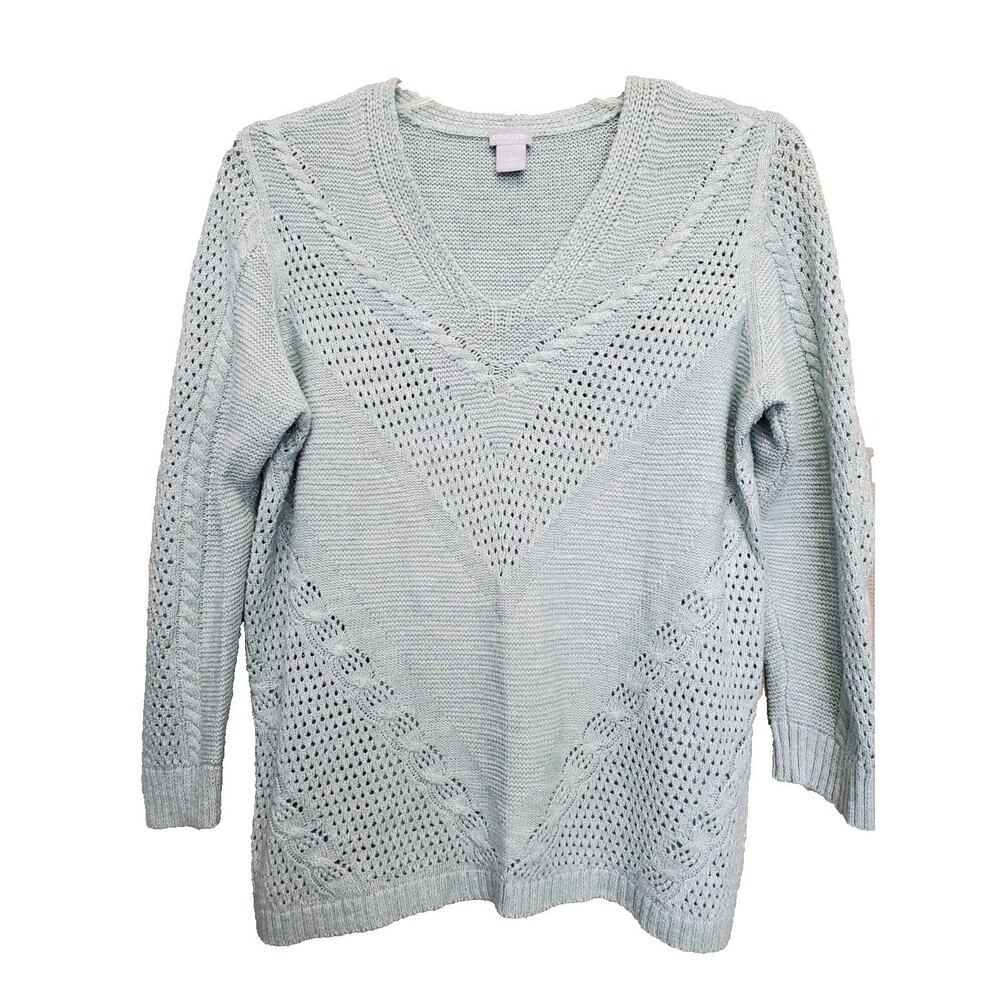 Chico's Sage Green Textured Knit V-Neck Pullover Sweater Size 2 Large